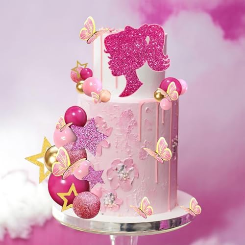 Hot Pink Girl Cake Toppers 47pcs Ball Cake Decorations with Pink Gold Balls Shiny Stars for Glitter Girl Princess Theme Wedding Baby Shower Birthday Party Supplies
