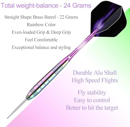 Steel Tip Darts Set for Dartboard, Professional Brass Darts Metal Tip Black Purple Aluminium Nylon Shafts 9 Flights 50 Rubber O-Rings 12 Spring Rings 1 Dart Sharpener Tool 24/27 Grams