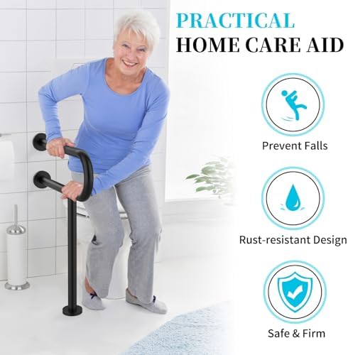 Toilet Support Rail 23.4X 28 Inch, Munzong Anti-Slip Black Handicap Grab Bar for Bathroom, Stainless Steel Knurled Safety handrails with Leg for Elderly Disabled Pregnant-1.25’Tube