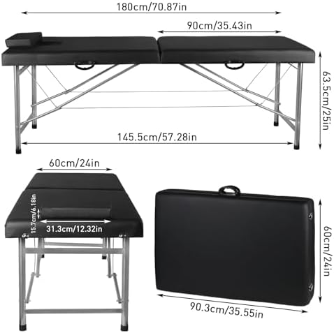 Portable Folding Massage Table – 2-Section Lightweight Salon & Spa Bed for Tattoo, Facials, Massage Therapy – Foldable Beauty Table for Home & Professional Use (Black)