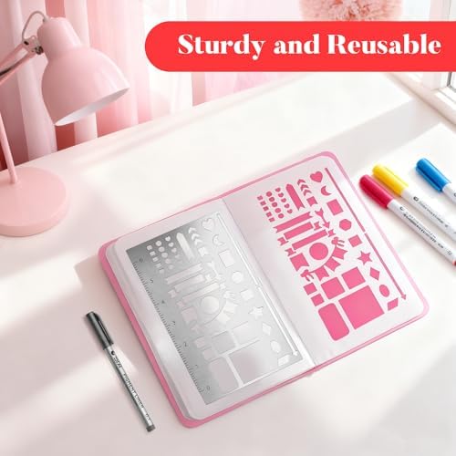 3pcs Metal Planner Stencil Set-Journal Stencil Templates with Ruler for Bullet Journaling, Habit Tracking, Weekly & Monthly Spreads, A5 Notebook Accessories, Rustproof Stainless Steel Design（1 Pen