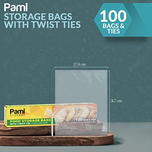PAMI Gallon Twist Tie Storage Bags - 100 Disposable Plastic Food-Safe Baggies with Ties, 11x12.5 in, Versatile for Kitchen, Home, Office Uses