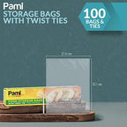 PAMI Gallon Twist Tie Storage Bags - 100 Disposable Plastic Food-Safe Baggies with Ties, 11x12.5 in, Versatile for Kitchen, Home, Office Uses