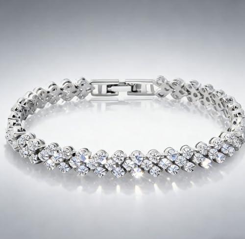 2-Pack 925 Sterling Silver Rhinestone Tennis Bracelets for Women, Vintage Couples Hollow Wavy Design Bangles with Secure Clasp, Elegant Jewelry for Wedding, Party, Evening Wear