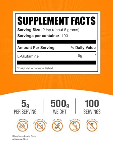 BulkSupplements.com L-Glutamine Powder - Glutamine Supplement, for Recovery & Gut Health - Unflavored & Gluten Free, 5g (5000mg) per Serving, 500g (1.1 lbs) (Pack of 1)