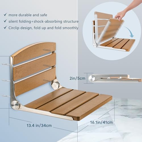 Folding Shower Seat, 16" Foldable Shower Chair Wall Mounted for Inside Shower, Stainless Steel & Hdps Wood Fold Down Shower Bench for Elderly and Disabled - 400lbs