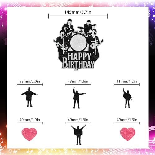 Rock Band Themed Happy Birthday Cake Toppers 7-Piece Set - 80s rock music themed party, birthday party, concert party decorations that both boys and girls will love - LIANGSS