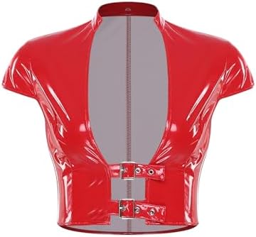 Womens Glossy Leather Crop Tops Wet Look Latex Corset Bustier Adjustable Buckles Tank Tops