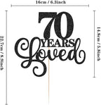 70 Years Loved Cake Topper - Black Glitter 70th Birthday & Anniversary Cake Decoration for Women Men Party Supplies, Photo Booth Props