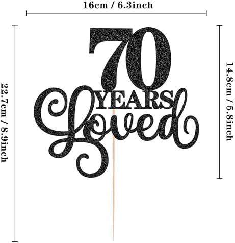 70 Years Loved Cake Topper - Black Glitter 70th Birthday & Anniversary Cake Decoration for Women Men Party Supplies, Photo Booth Props