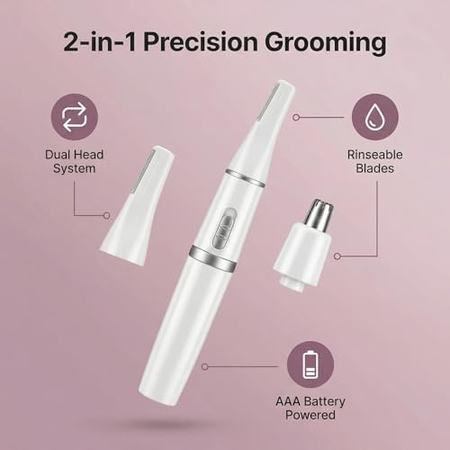 Nose Hair Trimmer for Women Men,Ear and Nose Trimmer for Eyebrow & Facial Hair Removal,Painless Dual Blades, Waterproof, Compact for Travel Nasal Hair Cutter, Battery Not Included,White