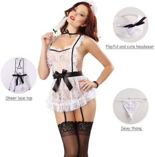 ROSVAJFY Women Sexy Maid Cosplay Lingerie Outfit French Naughty Servant Costume Sheer Lace Teddy Bodysuit Babydoll Apron Fancy Dress