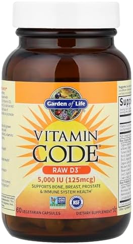 Garden of Life Vitamin D3 5000 IU, Raw Whole Food Supplements with Chlorella, Fruit, Veggies & Probiotics for Bone & Immune Health, 60 Vegetarian Capsules