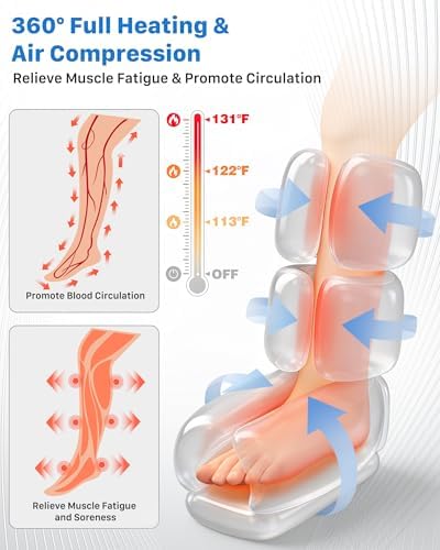 Air Compression Leg Massager with Heat : MUSUGY Sequential Foot and Calf Massager for Circulation and Pain Relief, with 9 Intensity, 6 Modes, 3 Heat - for Mom, Dad, Standing Jobs & Daily Relaxation