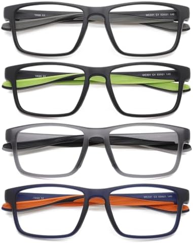 4 Pack Sport Reading Glasses for Women & Men, Computer Blue Light Blocking Comfort Fit Anti-Glare Readers
