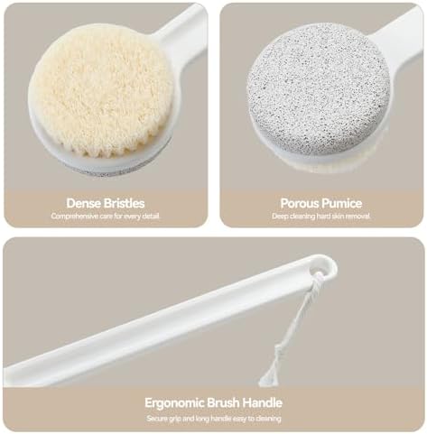Foot Pumice Stone for Feet, 2 in 1 Foot Pumice Scrubber for Wet or Dry Brushing, Dead Skin Remover, Long Handle Foot Cleaning Brush for Senior, Pregnant, Disabled, or Injured, Box Packed(White)