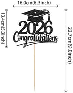 Rsstarxi 1 Pack 2026 Graduation Cake Topper Black Grad Cap Glitter Congrats Grad Cake Pick for Diploma Done Class of 2026 Graduation Party Cake Decorations Supplies