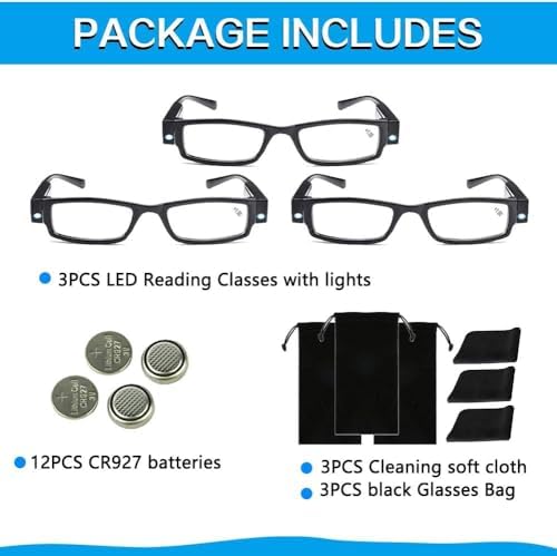 Reading Glasses with Light Bright LED Readers with Lights Reading Glasses Lighted Magnifier Nighttime Reader Compact Full Frame Eyewear Clear Vision Unisex Clear Vision Lighted Eye Glasses,+2.0