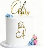 2 PCS Pregnant Lady Cake Topper Decoration Acrylic Pregnancy Oh Baby Cake Topper Gold Baby Shower Birthday Cake Decoration Mother's Day Party Supplies, A-PL03