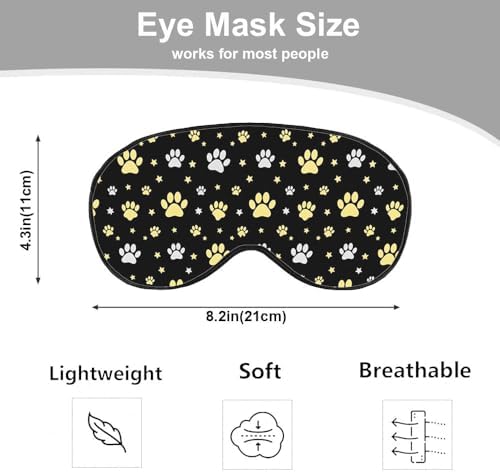 Dog Paw Sleep Eye Mask Eye Cover Gold Animal Paw Print Star Black Silk Eye Mask for Sleeping with Adjustable Strap for Travel Nap Shift Work Office