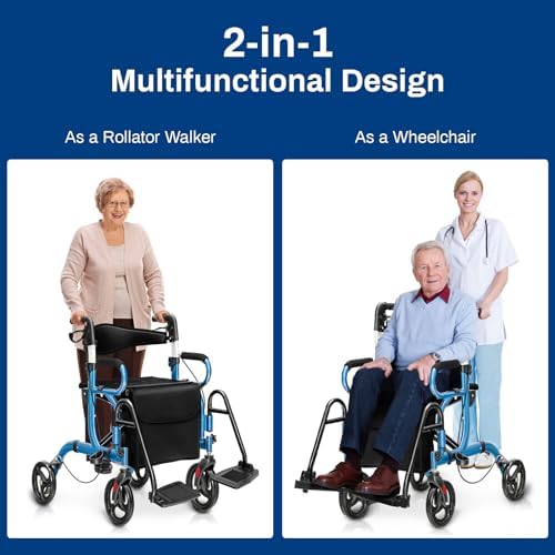 Goplus 2 in 1 Rollator Walker for Seniors, Medical Walker with Seat, Folding Transport Wheelchair Rollator with 8" Wheels, Reversible Backrest, Footrests, Aluminum Mobility Walking Aid (Blue)