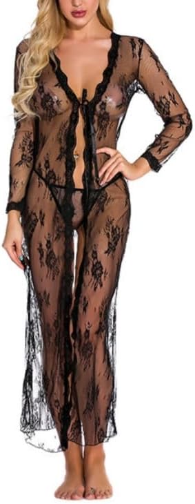 1PC Sheer Black Lace Nightgown, Long Sleeve Sexy Chemise with Floral Embroidery, Adjustable Tie Front & Thigh Slit, Black