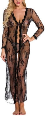 1PC Sheer Black Lace Nightgown, Long Sleeve Sexy Chemise with Floral Embroidery, Adjustable Tie Front & Thigh Slit, Black