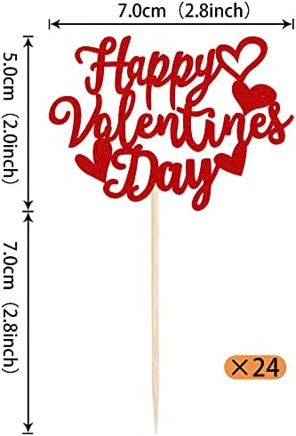 24 Pack Happy Valentine's Day Cupcake Toppers with Heart Glitter Sweet Love Theme Valentine's Day Cupcake Food Picks Valentine's Day Theme Birthday Party Cake Decorations Supplies Red