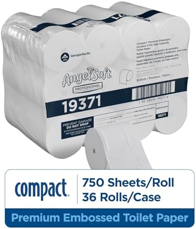 Angel Soft Professional Series Compact Premium Embossed Coreless 2-Ply High-Capacity Toilet Paper by GP PRO, White, 19371, 750 Sheets Per Roll, 36 Rolls Per Case