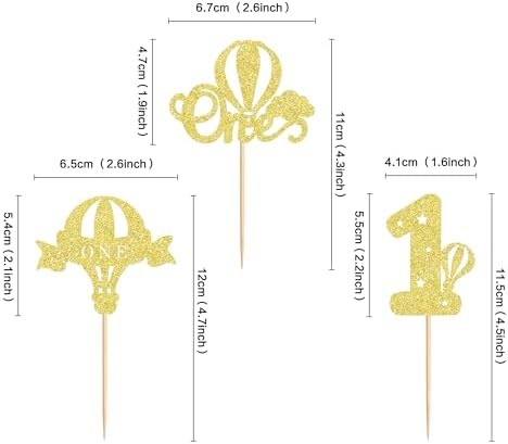 Ercadio 24 Pack Hot Air Balloon One Cupcake Toppers Gold Glitter Balloon One Cupcake Picks Balloon 1st Cupcake Picks for Hot Air Balloon Theme Birthday Baby Shower Party Decoration Supplies