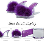 Heiyom Women's Fuzzy Slippers Clear Heels Pointed Toe Stilettos Heels Mules Sandals Fluffy Feather Slip On High Heeled Party Prom Dresses Shoes