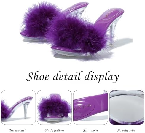 Heiyom Women's Fuzzy Slippers Clear Heels Pointed Toe Stilettos Heels Mules Sandals Fluffy Feather Slip On High Heeled Party Prom Dresses Shoes