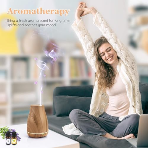 Aromatherapy Essential Oil Diffuser for Room: 100ml Air Humidifier Aroma Scent Cool Mist Diffusers Colorful Light Cute Mini Small Waterless Auto Off Ultrasonic for Home Bedroom (Yellow Wood Grain)