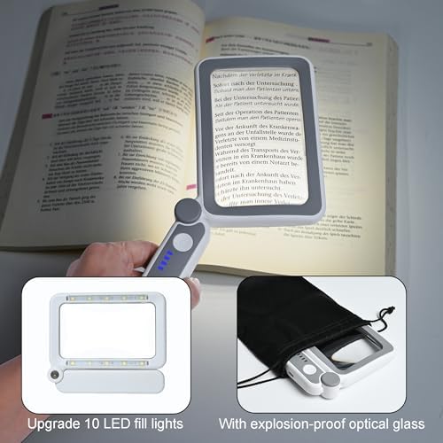 Rechargeable LED Magnifying Glass for Reading Books, Bible & Small Print, 4X Optical-Grade Rectangular Lens with 3 Adjustable Brightness Levels, USB-C Foldable Magnifier Gift for Seniors, Low Vision