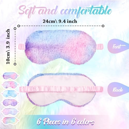 Cuffbow 6 Pack Plush Sleep Mask Set, Cute Plush Eye Masks for Sleeping, Soft Comfortable Travel Nap Blindfold, Sleepover Party Favors for Women(Tie Dye,Rainbow)