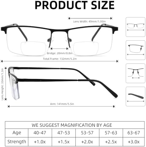 3 Pack Bifocal Reading Glasses for Men,Lightweight Metal Half Frame Clear Top Bi-focal Readers with Spring Hinge+2.50