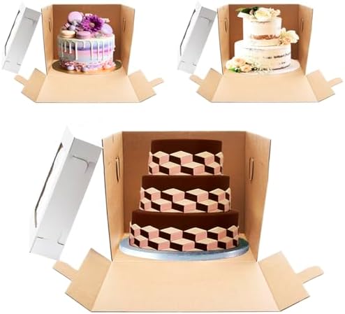 JJO Tall Cake Boxes for Tier Cakes, 14x14x12 Inches 3 Pack,Whie Cake Boxes with Window,Disposable Cake Containers, Sturdy Wedding Tall Cake Carrier