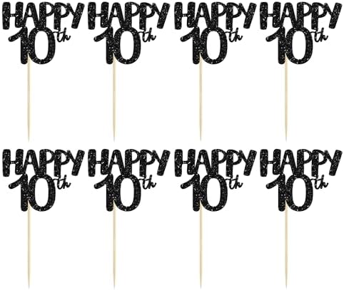 Gyufise 24 Pack Happy 10th Cupcake Toppers Black Number 10 Cupcake Picks for 10th Birthday Celebrating Wedding Anniversary Party Cake Decorations Supplies