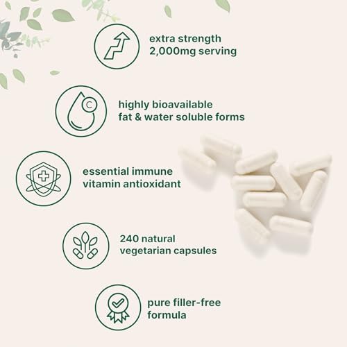 Pure Vitamin C 2,000mg, 240 Veggie Capsules | Highly Bioavailable Fat & Water Soluble Forms | Max Potency | Antioxidant & Immune Support Supplement | Easily Absorbed, Non-GMO, Filler Free