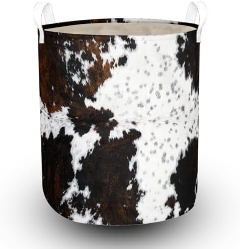 Highland Cow Laundry Basket with Lining Cowskin Printed Boys Girls Laundry Hamper for Clothes Storage Toys Bin Brown and White Cow Home Decor (Bull, 43L)