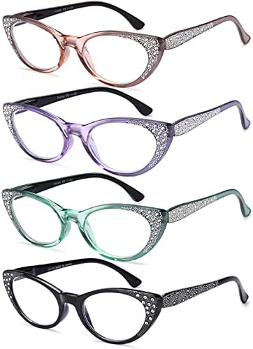 EYEURL Cat Eye Reading Glasses for Women - Blue Light Blocking 4 Pack Ladies Fashion Readers with Flexible Spring Hinges, Anti-Glare&UV Rays +1.75 Eyeglasses, Black/Brown/Green/Purple