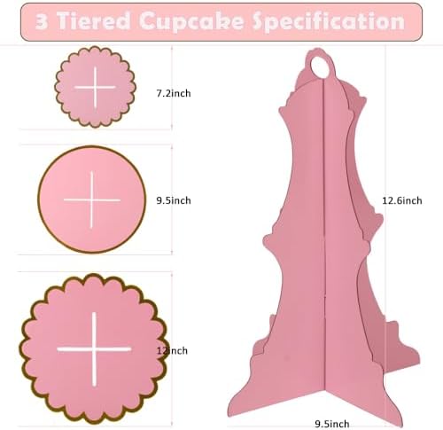 MRPAPA Pink Cardboard Cupcake Stand,2PCS Cup Cake Holder Thick Paper Dessert Tray, 3-Tier Round Serving Tray Perfect for Baby Girls Pink and Gold Birthday Baby Shower Party Supplies