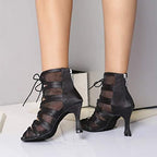 Women's Ballroom Ankle Dance Boots Lace-up Open-Toe Practice Latin Salsa Dancing Boots,Model YC-L444-Suede Sole-3.33” Heel