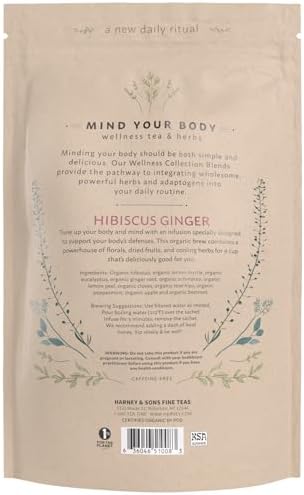 Harney & Sons Organic Hibiscus Ginger Tune-Up Tea, Bag of 50 sachets, 50 Count