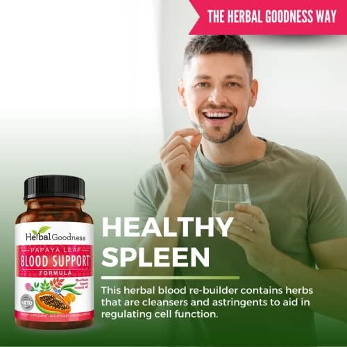 Herbal Goodness Papaya Leaf Blood Support Capsules - Platelet & Bone Marrow Health, Immunity Support & Blood Cleanse - 60/450mg Veggie Capsules (1 Bottle)