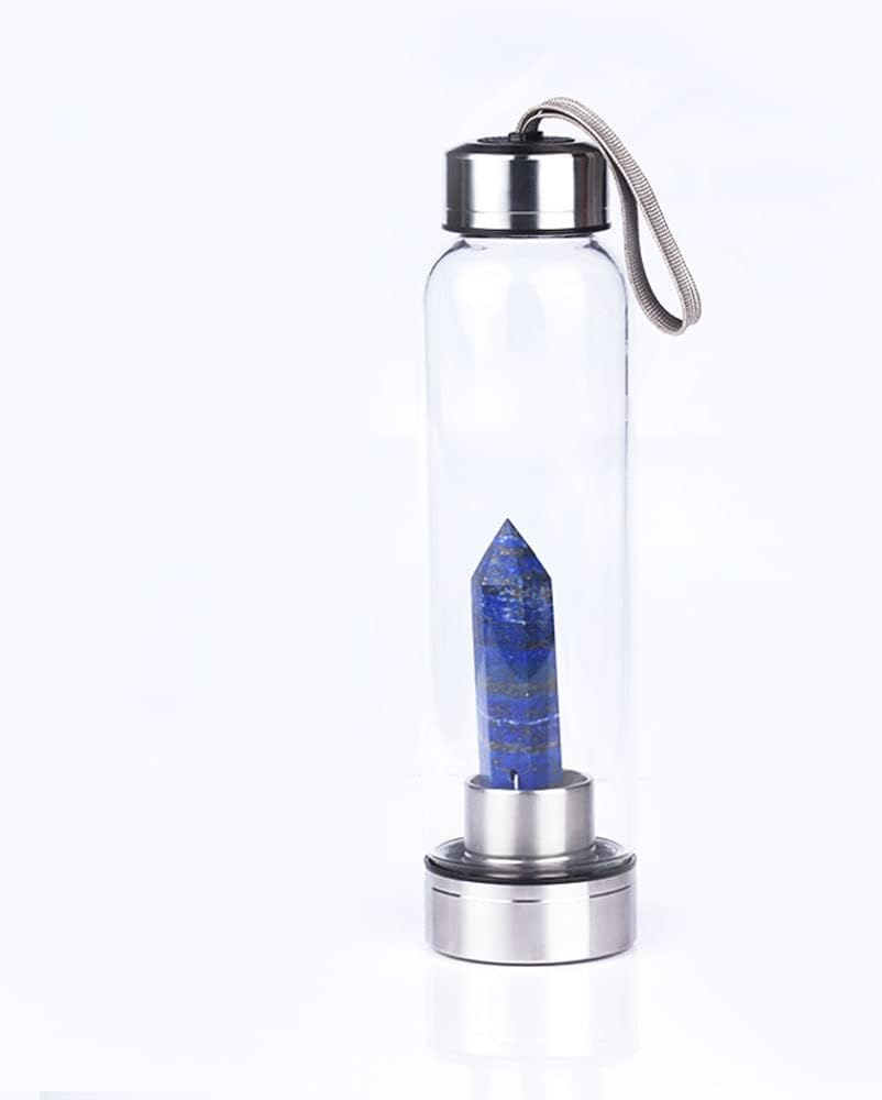 Natural Crystal Water Bottle Reusable Gem Glass Water Bottle Natural Crystal Point Healing Obelisk Wand Elixir Quartz Crystal Water Bottle for Making Crystal Infused Gem Water