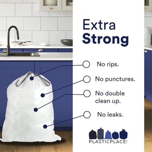 Plasticplace Custom Fit Trash Bags Compatible with Simplehuman Code J - 10-10.5 Gallon Drawstring Garbage Bags, Tear-Resistant, 200 Count White Trash Can Liners for Kitchens, Bathrooms & Offices