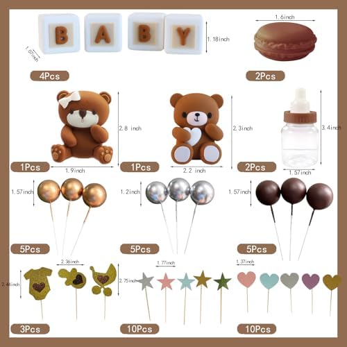 3D Bear Cake Topper, Boys Baby Cake Toppers 48 PCS Cupcake Decorations Birthday Party Balls Mini Bear Boho Mini Gender Reveal(Brown)
