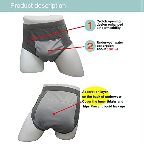 Men's Washable Incontinence Shorts Open Underwear Adults Patient Reusable Breathable Pant Diapers for Adults Prostate 500ml (X-Large, Black)
