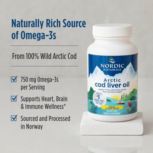 Nordic Naturals Arctic Cod Liver Oil, Lemon - 90 Soft Gels - 750 mg Total Omega-3s with EPA & DHA - Heart & Brain Health, Healthy Immunity, Overall Wellness - Non-GMO - 30 Servings